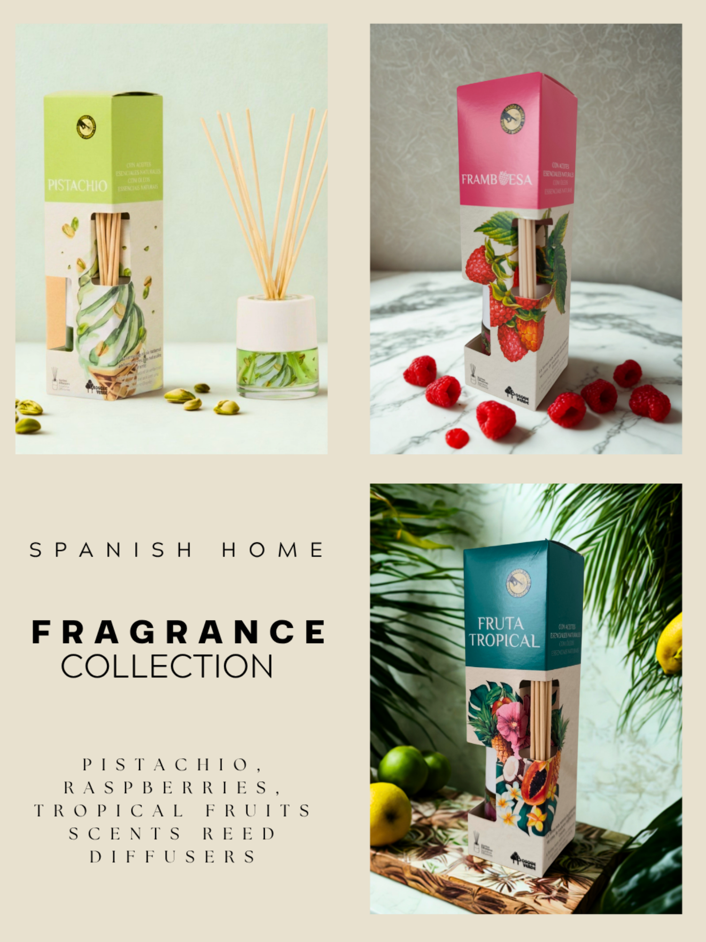 Raspberry, Tropical fruits, Pistachio / Home Spanish Perfumes set / 3 Reed diffusers