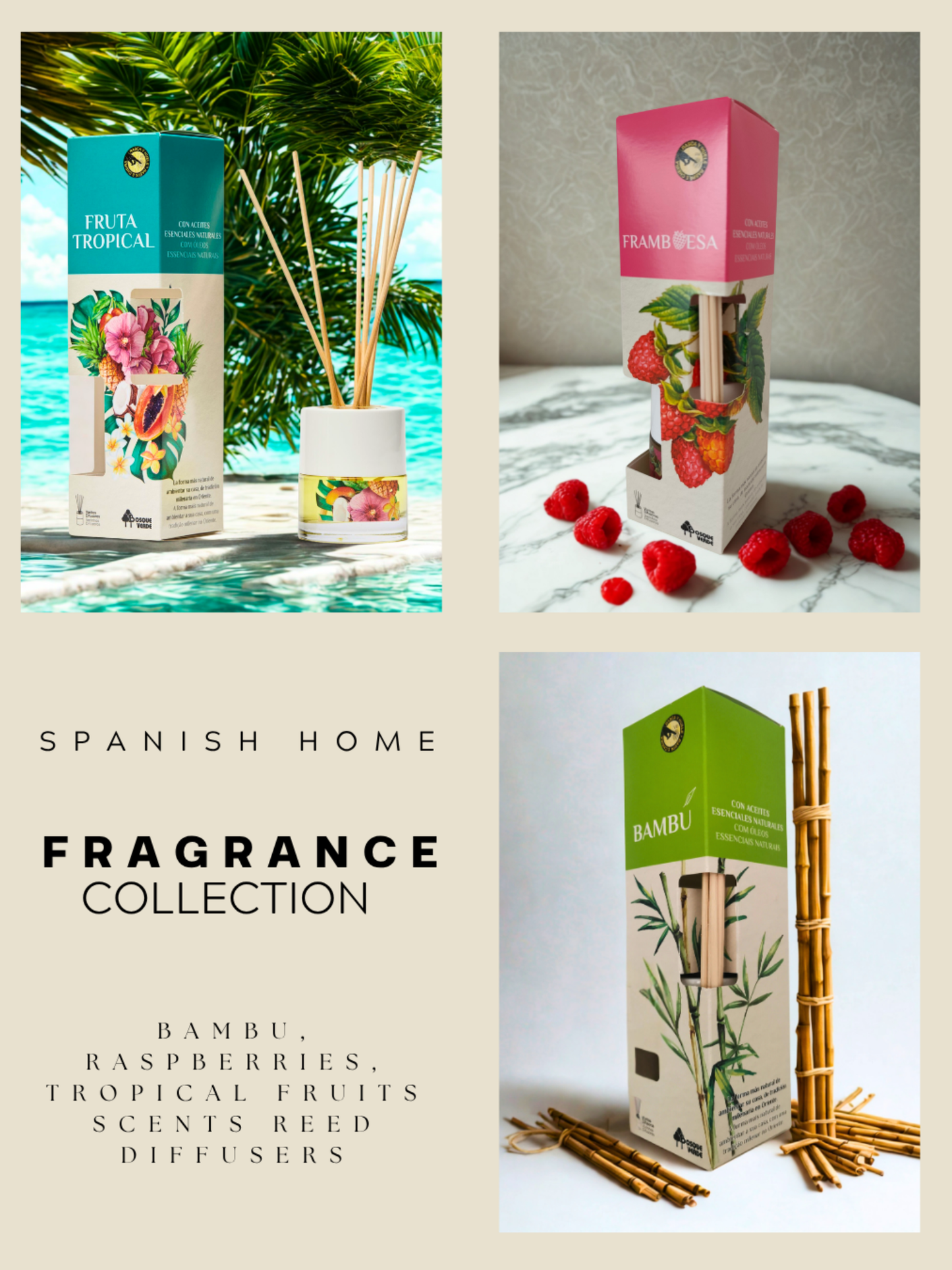 Bamboo, Raspberry, Tropical fruits / Home Spanish Perfume set / 3 Reed Diffusers