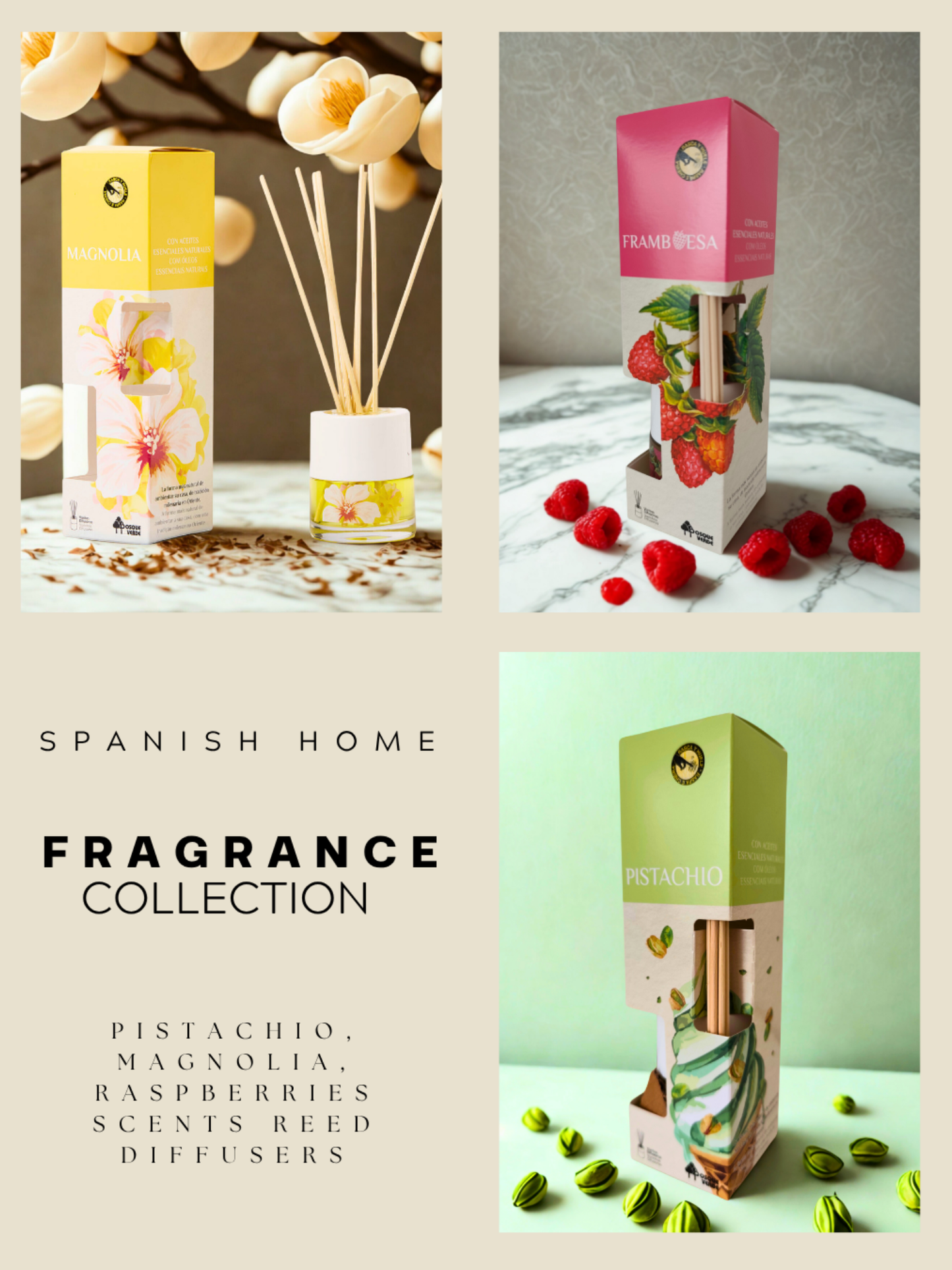 Magnolia, Pistachio, Raspberry / Home Spanish Perfume set / 3 Reed Diffusers