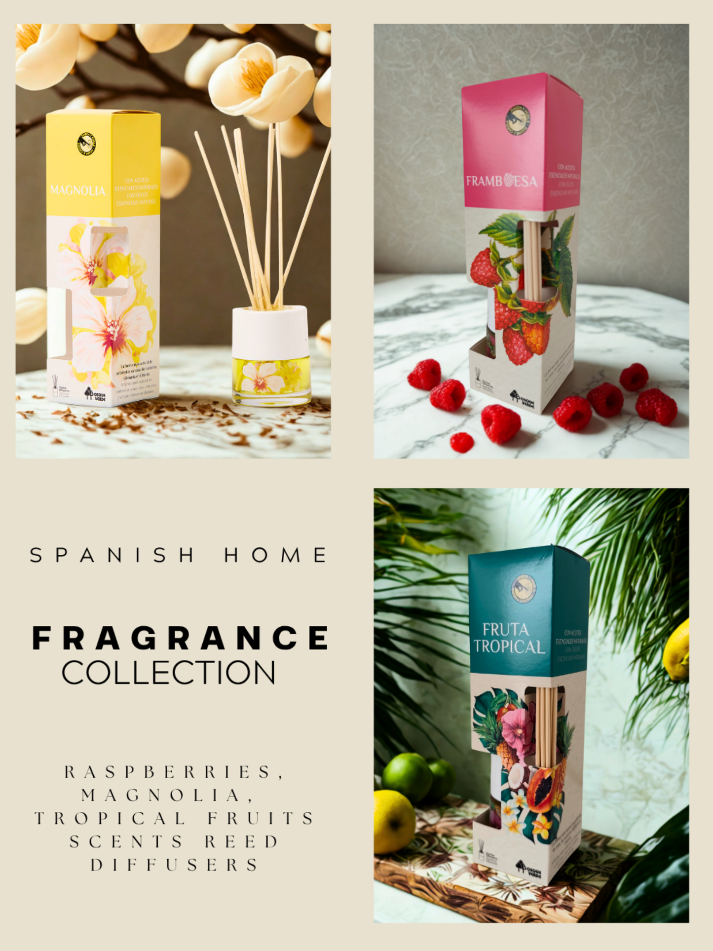 Magnolia, Tropical fruits, Raspberry / Home Spanish Perfume set / 3 Reed Diffusers