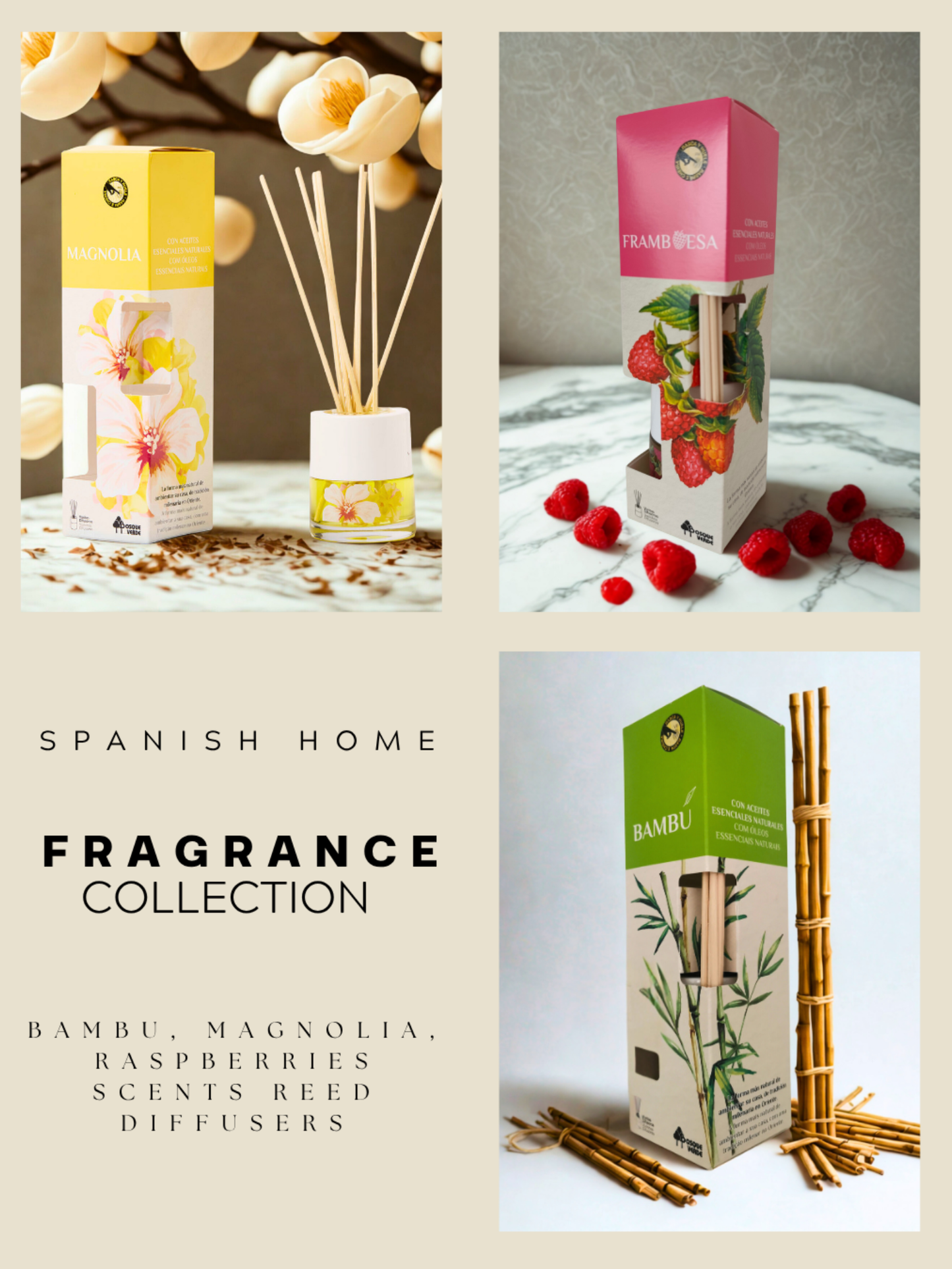 Magnolia, Raspberry, Bamboo / Home Spanish Perfume set / 3 Reed Diffusers