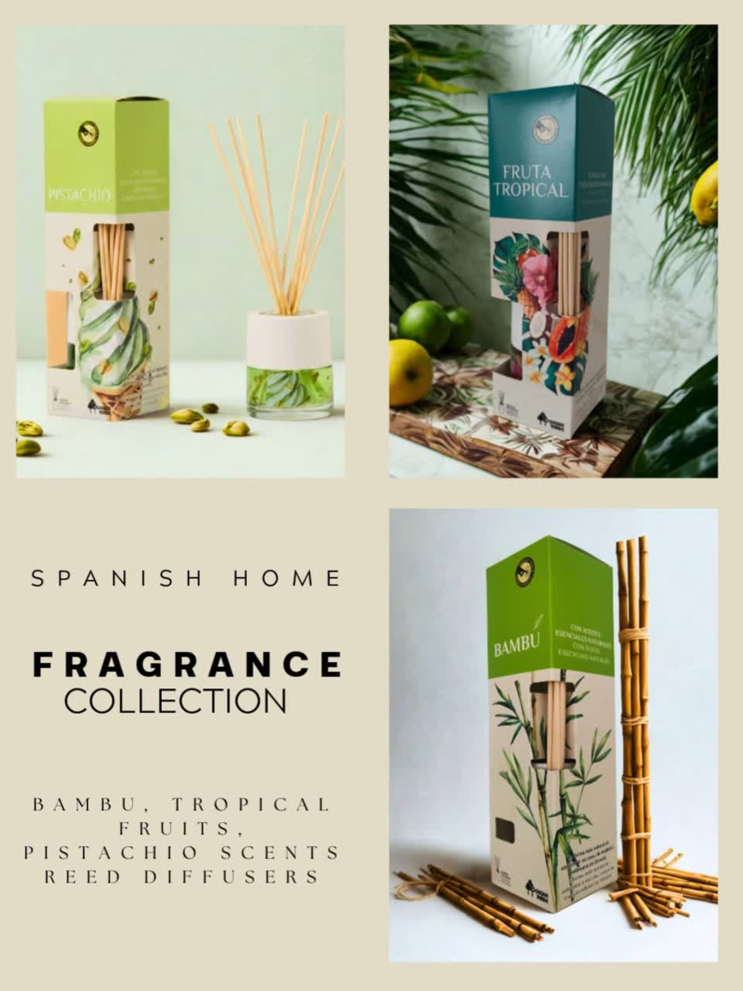 Bamboo, Pistachio, Tropical fruits / Home Spanish Perfumes set / 3 Reed diffusers