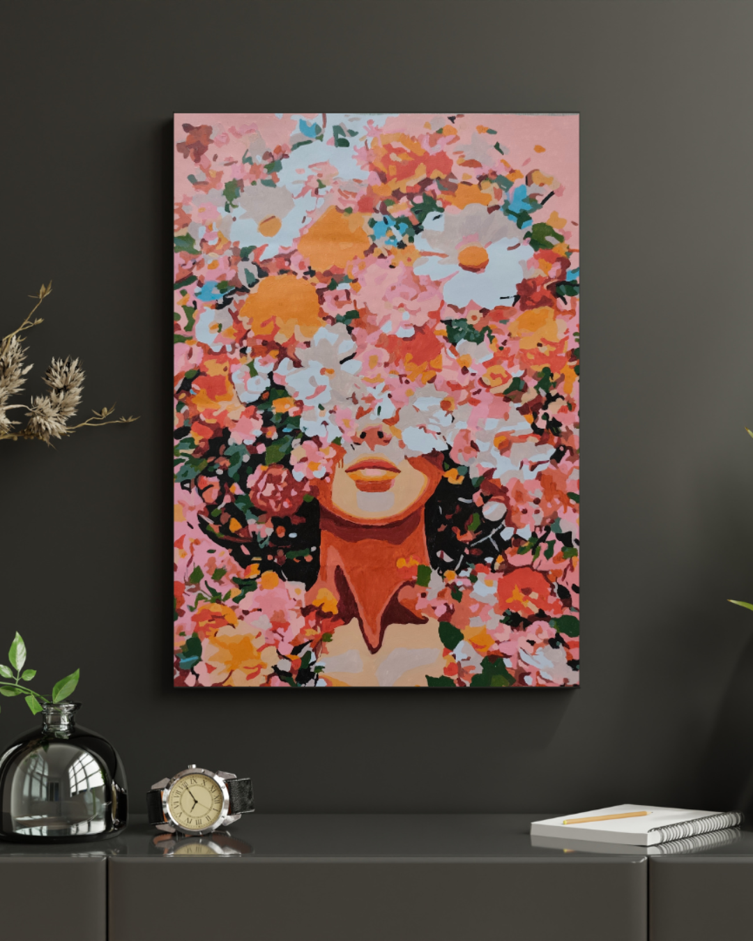 Floral Woman Abstract Painting / Acrylic on Canvas / 40x50 cm Original Artwork / Hand-Painted Wall Art Unframed